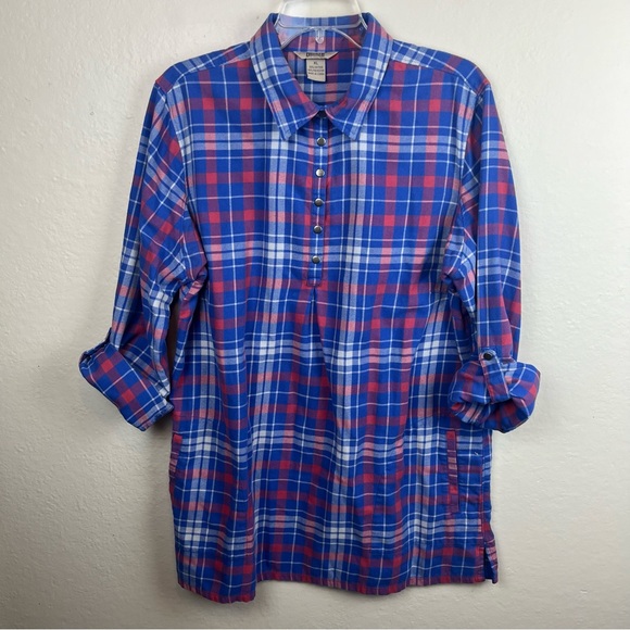 Duluth Trading plaid flannel tunic shirt in muted blue/wht/pink-Woman’s XL - Picture 10 of 11